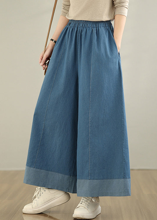Pants Leg Denim Wide Waist Classy Elastic Summer Blue FashionChic