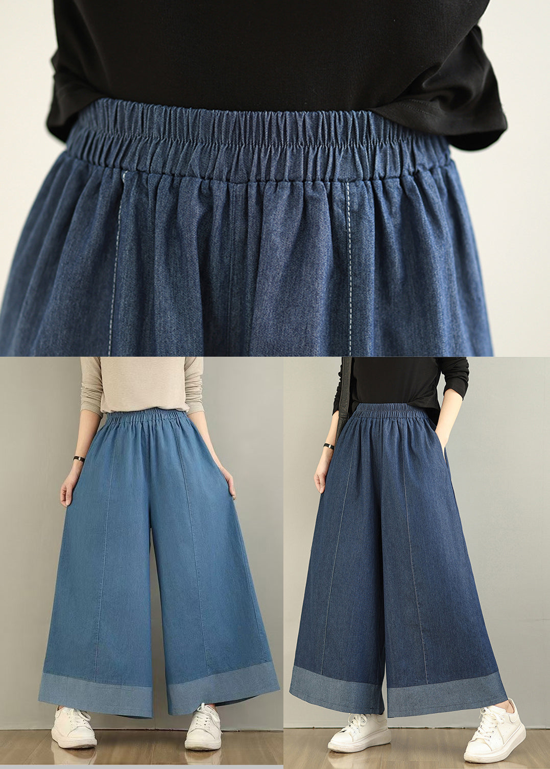 Pants Leg Denim Wide Waist Classy Elastic Summer Blue FashionChic