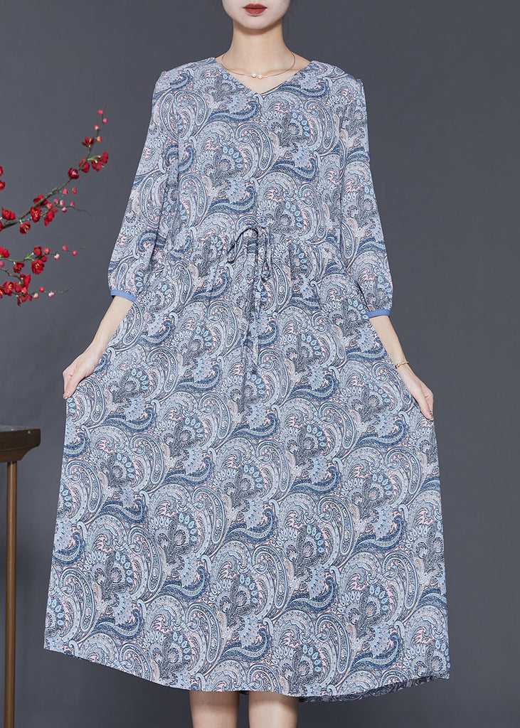 Classy Blue Grey Cinched Print Chiffon Dress Bracelet Sleeve SD1022 Ada Fashion