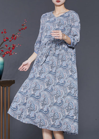 Classy Blue Grey Cinched Print Chiffon Dress Bracelet Sleeve SD1022 Ada Fashion