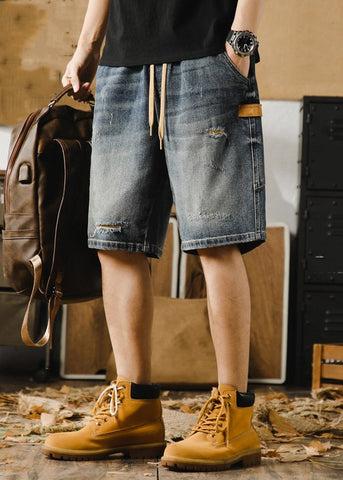 Classy Blue Hole Lace Up Denim Men Shorts Elastic Waist Summer YL022 ABC