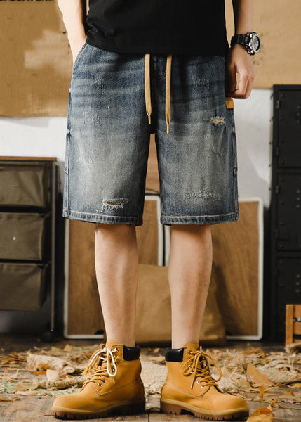 Classy Blue Hole Lace Up Denim Men Shorts Elastic Waist Summer YL022 ABC