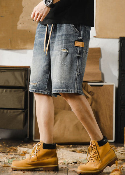 Classy Blue Hole Lace Up Denim Men Shorts Elastic Waist Summer YL022 ABC