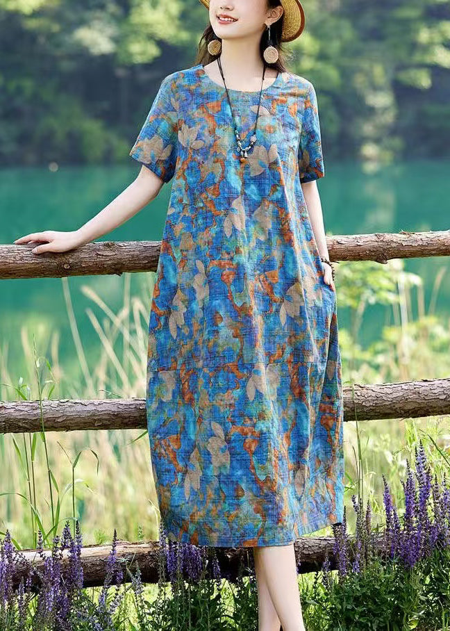 Print Summer Classy Cotton Long Dress O-Neck Blue FashionChic