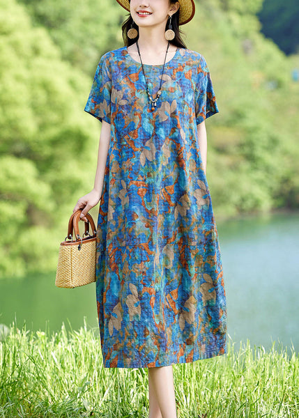 Print Summer Classy Cotton Long Dress O-Neck Blue FashionChic