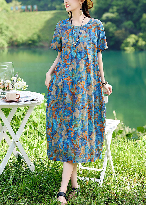Print Cotton Long Blue Dress Summer Classy O-Neck FashionChic