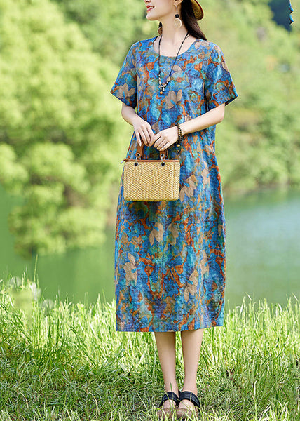 Print Summer Classy Cotton Long Dress O-Neck Blue FashionChic