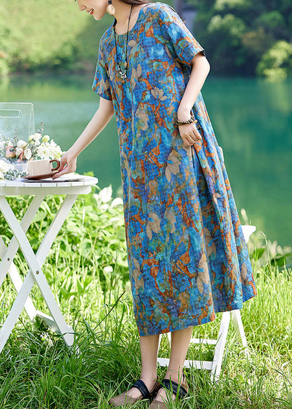 Print Summer Classy Cotton Long Dress O-Neck Blue FashionChic