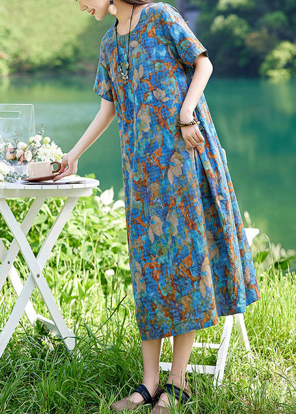 Print Summer Classy Cotton Long Dress O-Neck Blue FashionChic