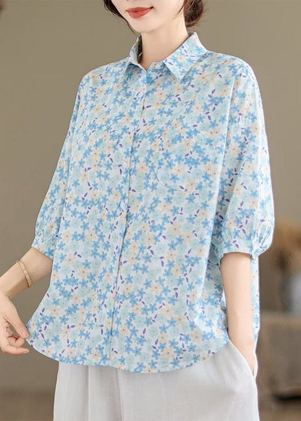 Sleeve Classy Half Cotton Blue Blouse Tops Print Oversized FashionChic