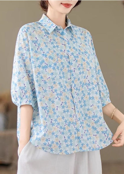 Sleeve Classy Half Cotton Blue Blouse Tops Print Oversized FashionChic