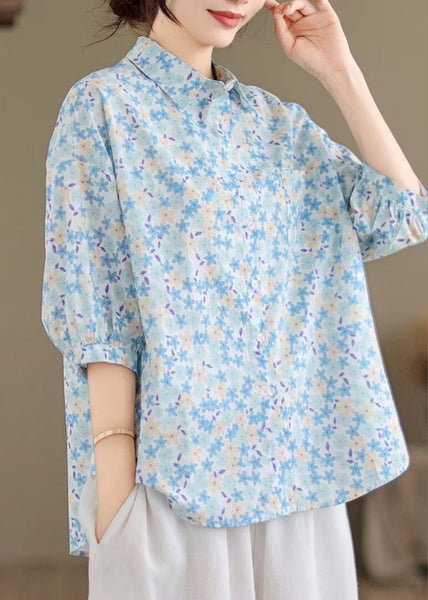 Sleeve Classy Half Cotton Blue Blouse Tops Print Oversized FashionChic