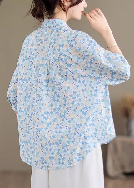 Sleeve Classy Half Cotton Blue Blouse Tops Print Oversized FashionChic