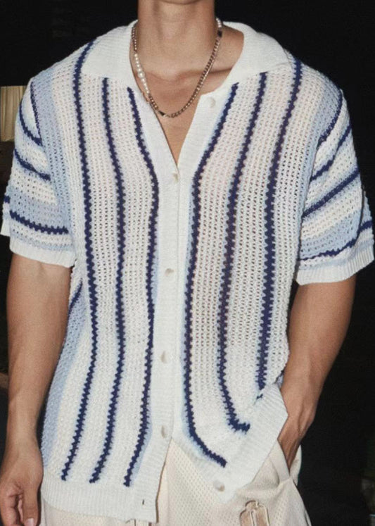 Striped Tshirt Mens Pan Collar Knit Summer Peter Blue Classy FashionChic