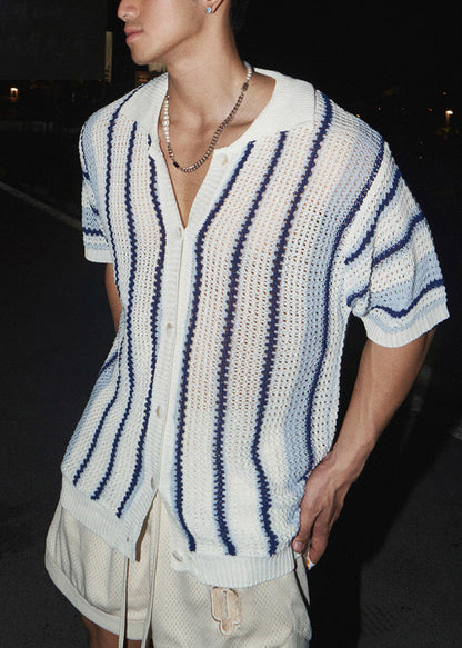 Striped Tshirt Mens Pan Collar Knit Summer Peter Blue Classy FashionChic