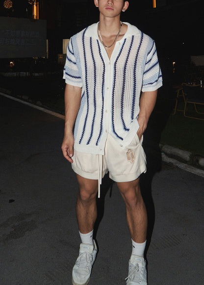 Striped Tshirt Mens Pan Collar Knit Summer Peter Blue Classy FashionChic