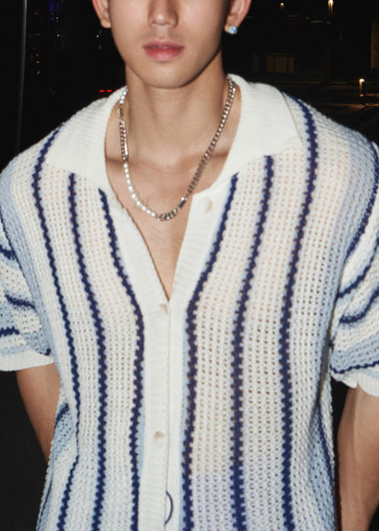 Striped Tshirt Mens Pan Collar Knit Summer Peter Blue Classy FashionChic