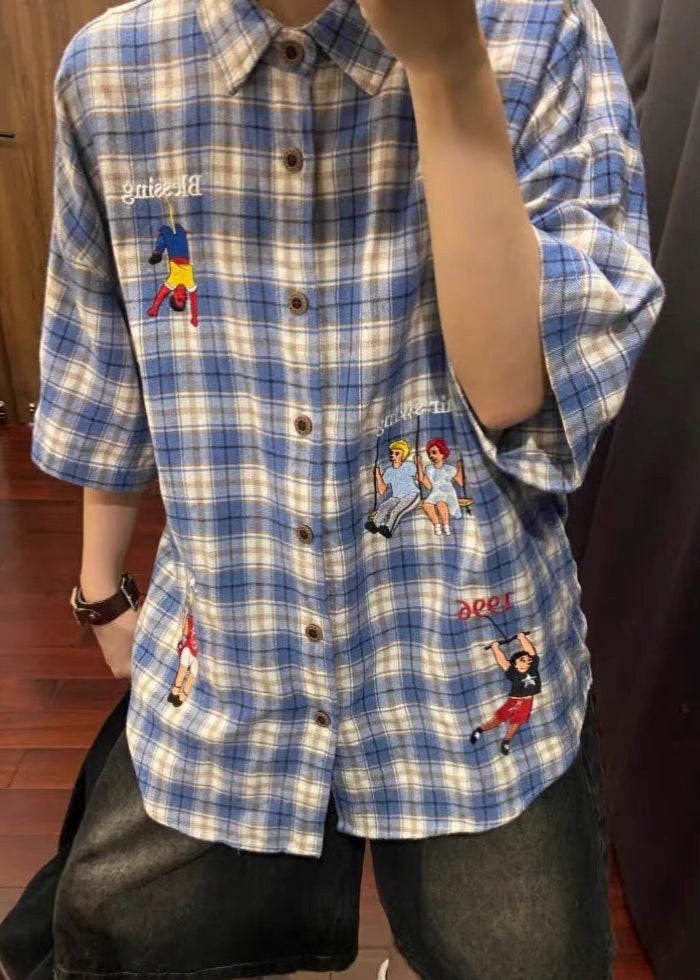 Shirts Cotton Plaid Print Half Button Classy Blue Men's Sleeve FashionChic