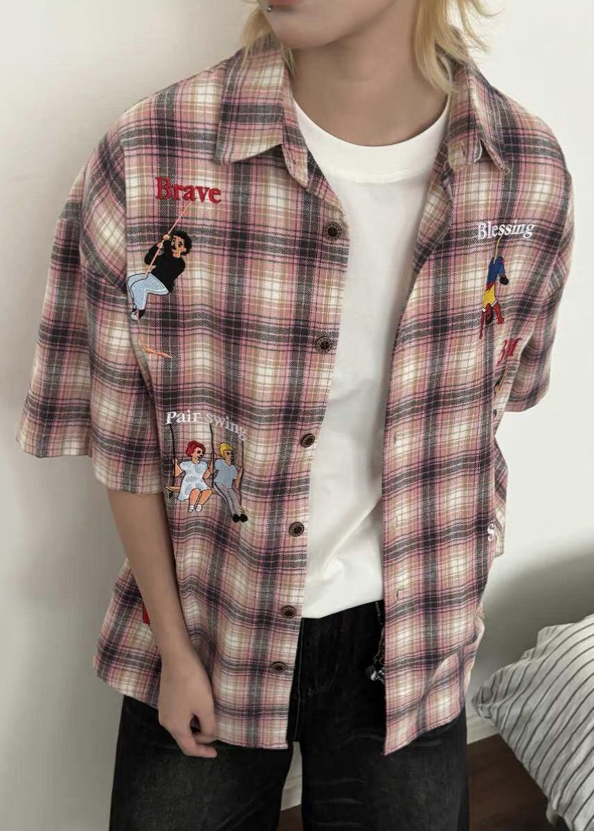 Shirts Cotton Plaid Print Half Button Classy Blue Men's Sleeve FashionChic