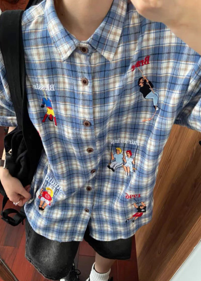 Shirts Cotton Plaid Print Half Button Classy Blue Men's Sleeve FashionChic
