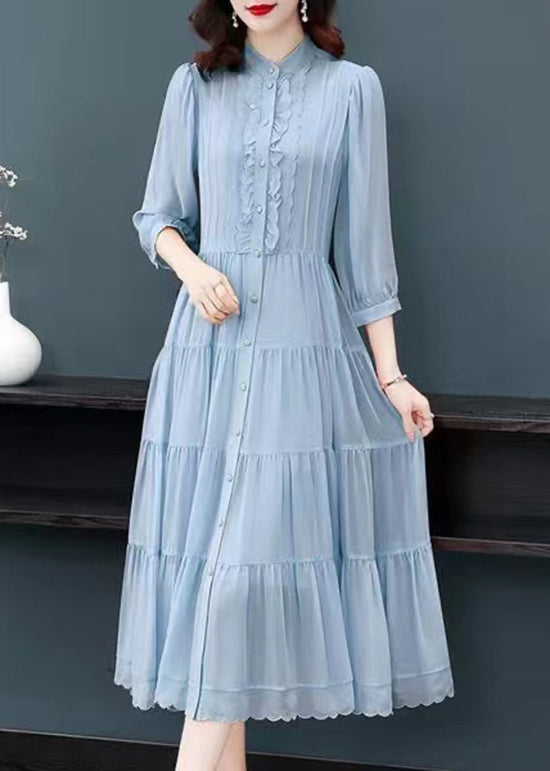 Classy Blue Ruffled Button Patchwork Silk Long Dresses Summer BV002 MZF-SDL240702