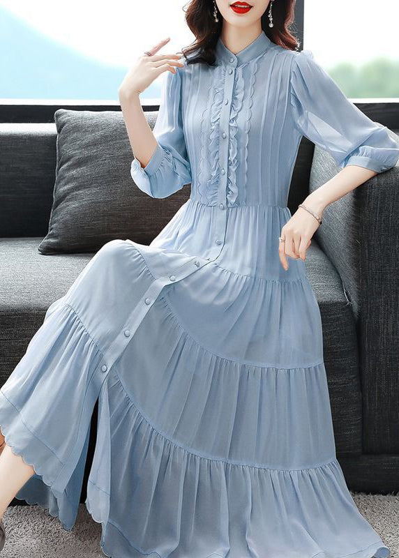 Classy Blue Ruffled Button Patchwork Silk Long Dresses Summer BV002 MZF-SDL240702