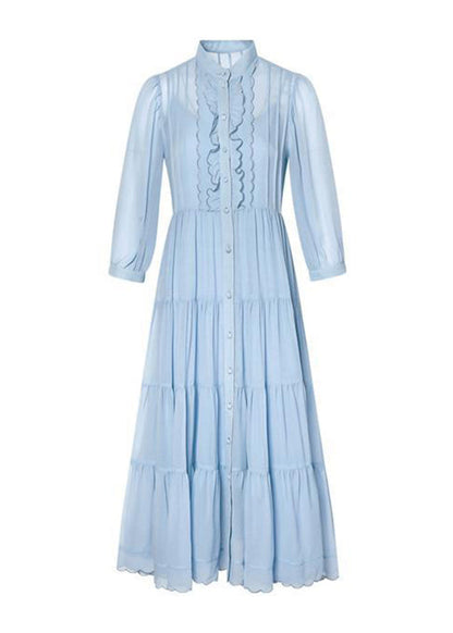 Classy Blue Ruffled Button Patchwork Silk Long Dresses Summer BV002 MZF-SDL240702