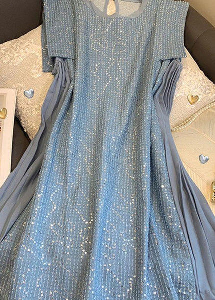 Classy Blue Sequins Patchwork Cotton Mid Dress Sleeveless ZL035 SH-LF-SDM240621
