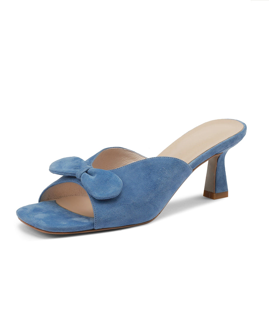 Classy Bow Splicing High Heel Blue Suede Slide Sandals AA034 shoe-CS240815