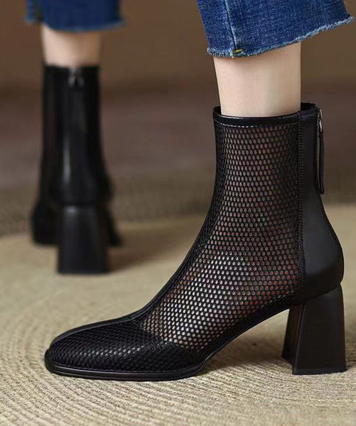 Classy Brown Hollow Out Tulle Splicing Chunky Heel Boots CZ1009 Ada Fashion