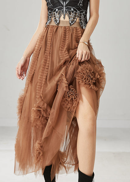 Classy Brown Ruffled Stereoscopic Floral Tulle Skirt Spring YU1063 Ada Fashion