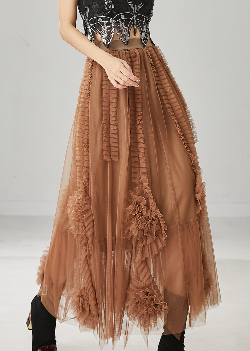 Classy Brown Ruffled Stereoscopic Floral Tulle Skirt Spring YU1063 Ada Fashion