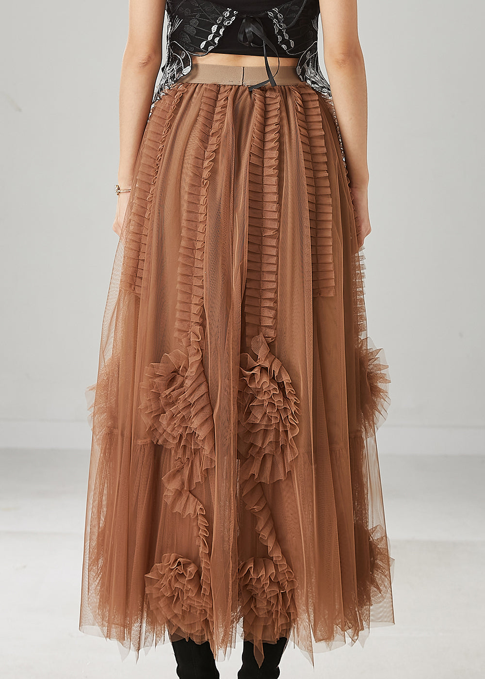 Classy Brown Ruffled Stereoscopic Floral Tulle Skirt Spring YU1063 Ada Fashion