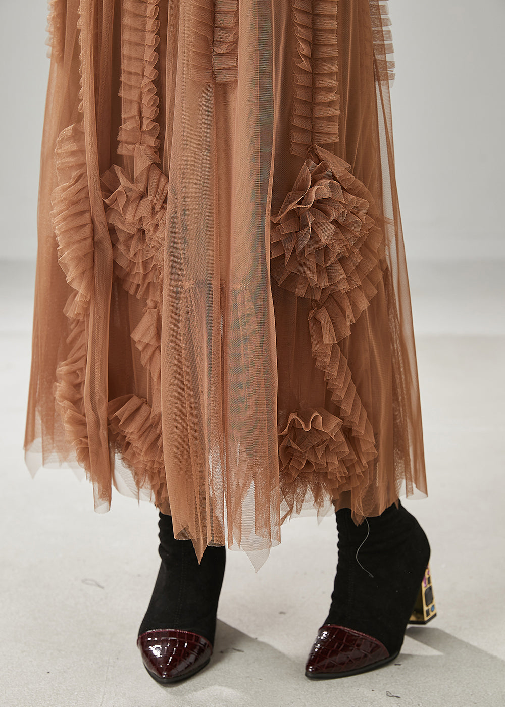 Classy Brown Ruffled Stereoscopic Floral Tulle Skirt Spring YU1063 Ada Fashion