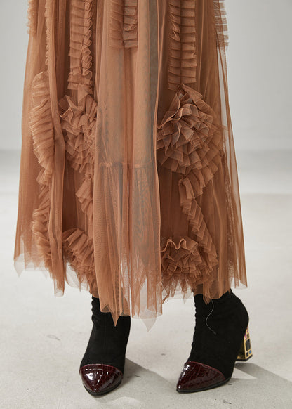 Classy Brown Ruffled Stereoscopic Floral Tulle Skirt Spring YU1063 Ada Fashion