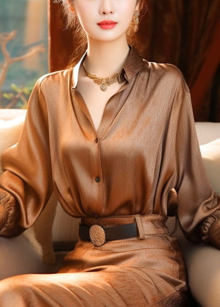 Blouse Stand Button Lantern Classy Collar Silk Top Sleeve Brown FashionChic