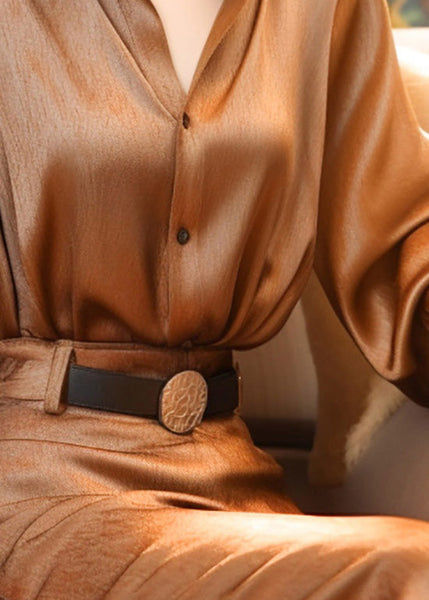 Blouse Stand Button Lantern Classy Collar Silk Top Sleeve Brown FashionChic