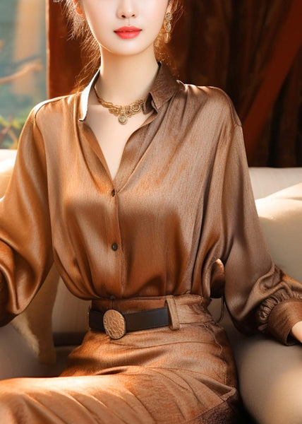 Blouse Stand Button Lantern Classy Collar Silk Top Sleeve Brown FashionChic