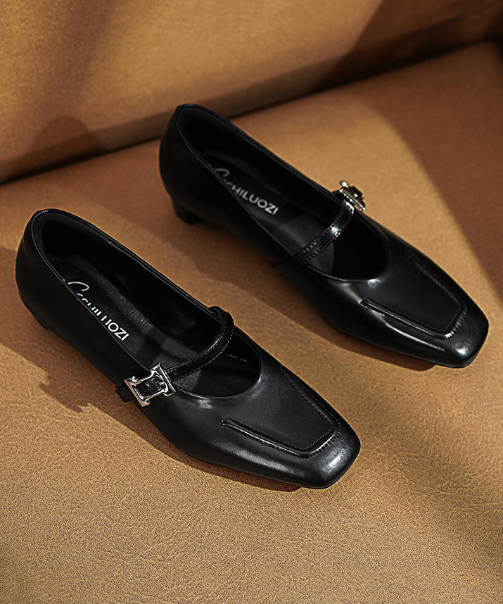 Black Leather Chunky Cowhide Buckle Splicing Strap Classy FashionChic