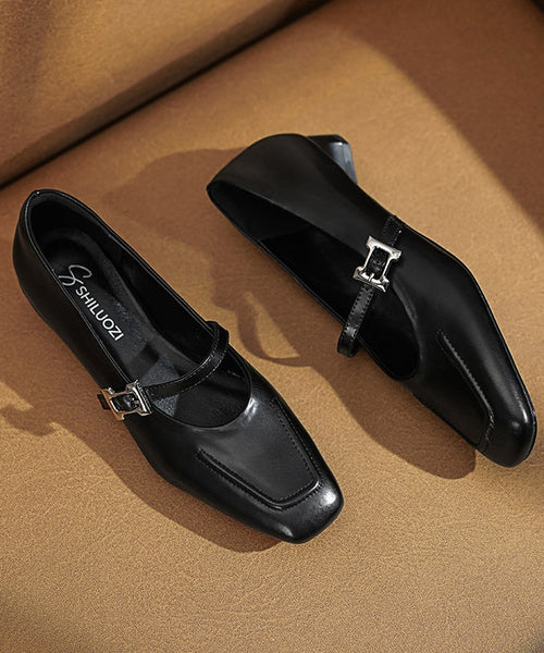 Black Leather Chunky Cowhide Buckle Splicing Strap Classy FashionChic