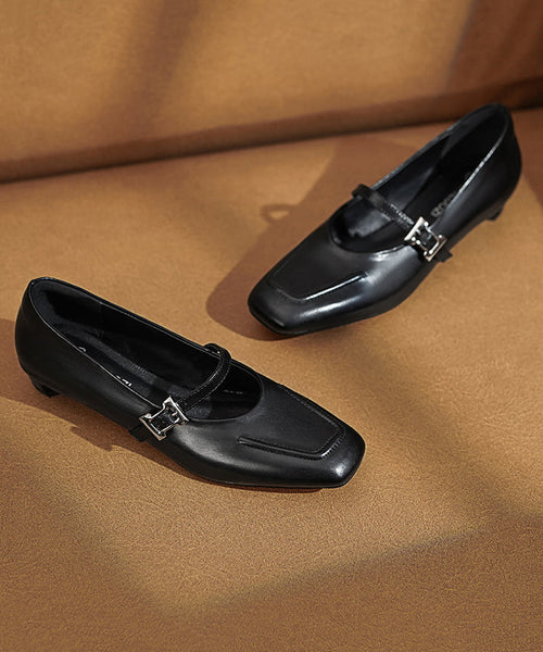 Black Leather Chunky Cowhide Buckle Splicing Strap Classy FashionChic