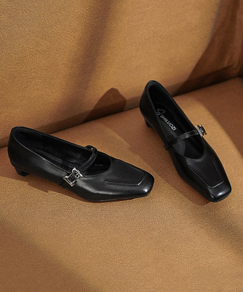 Black Leather Chunky Cowhide Buckle Splicing Strap Classy FashionChic