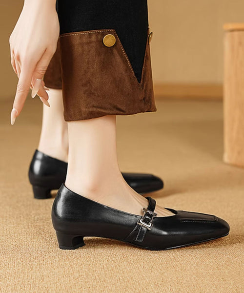 Black Leather Chunky Cowhide Buckle Splicing Strap Classy FashionChic