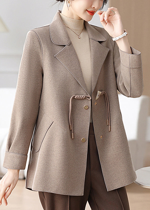 Classy Camel Notched Tassel Pockets Woolen Coat Winter RS028 ABC