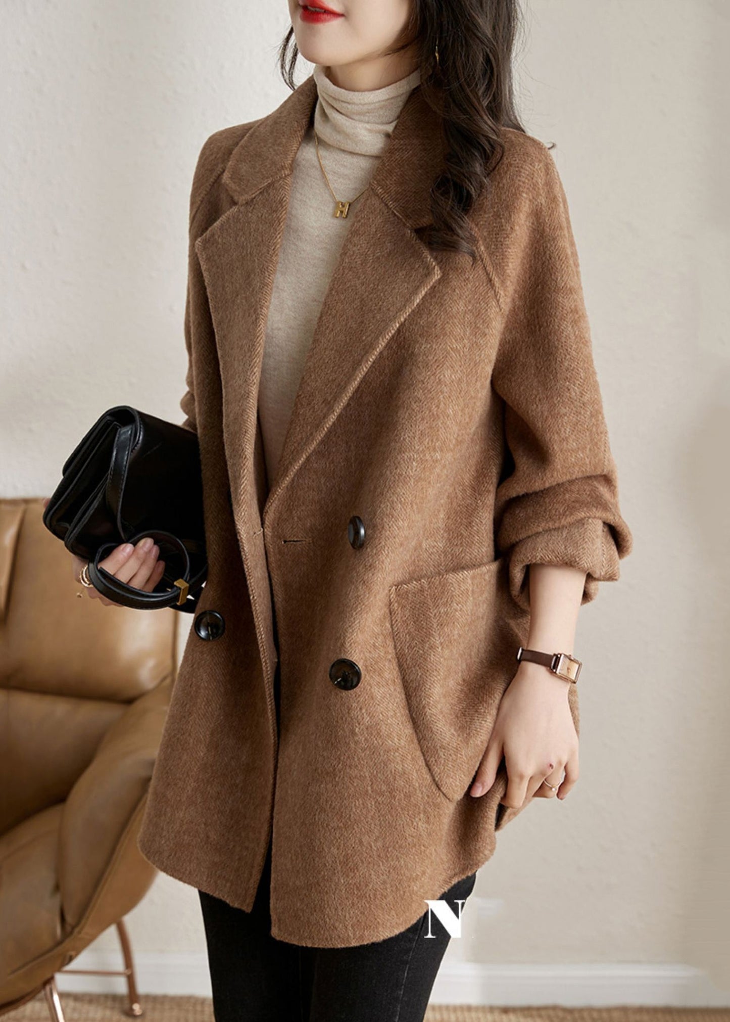 Classy Camel Peter Pan Collar Pockets Woolen Coats Spring TE042 ABC