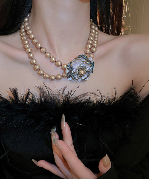 Classy Champagne Alloy Zircon Pearl Floral Gratuated Bead Necklace RA039 ABC