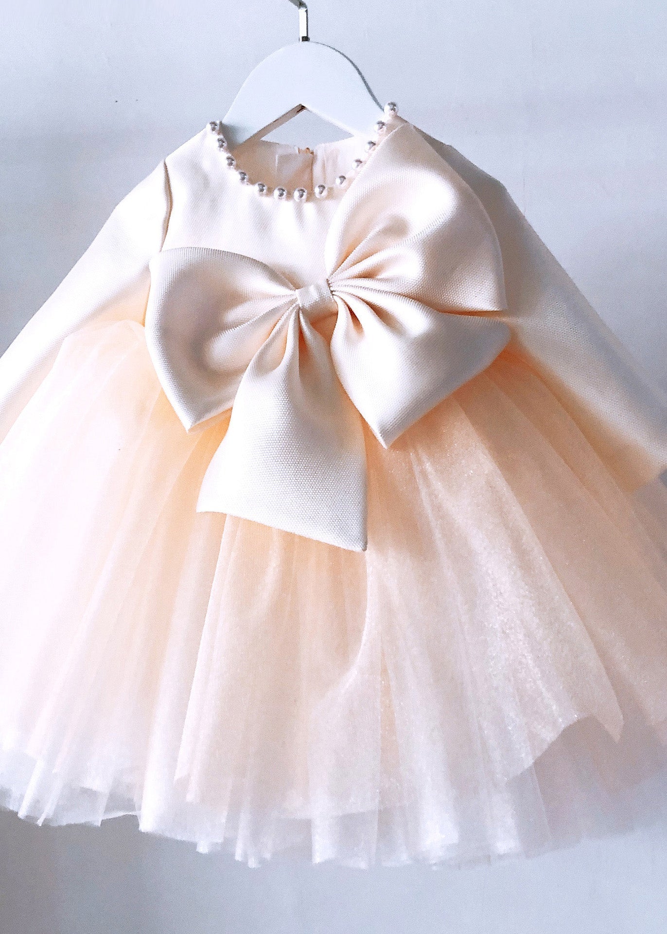 Classy Champagne Patchwork Bow Tulle Kids Long Dress Spring YS041 ABC