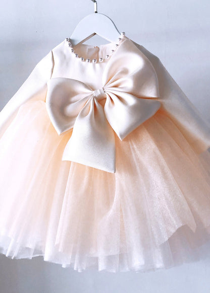 Classy Champagne Patchwork Bow Tulle Kids Long Dress Spring YS041 ABC