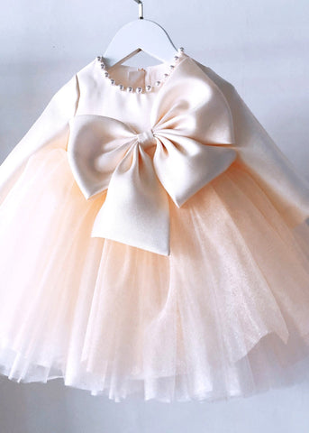 Classy Champagne Patchwork Bow Tulle Kids Long Dress Spring YS041 ABC
