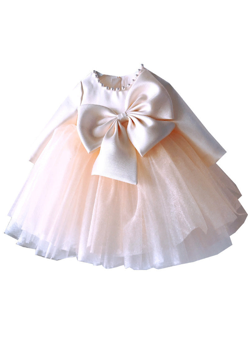 Classy Champagne Patchwork Bow Tulle Kids Long Dress Spring YS041 ABC